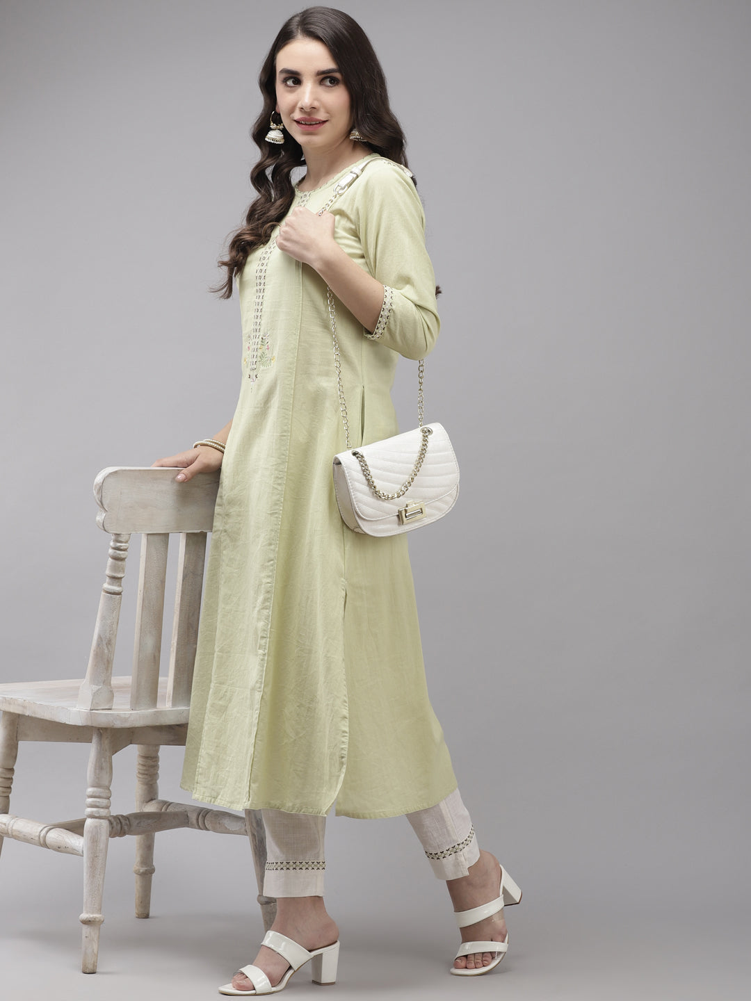 Women's Cotton Green & White Embroidered A-Line Kurta Trouser Set - Navyaa