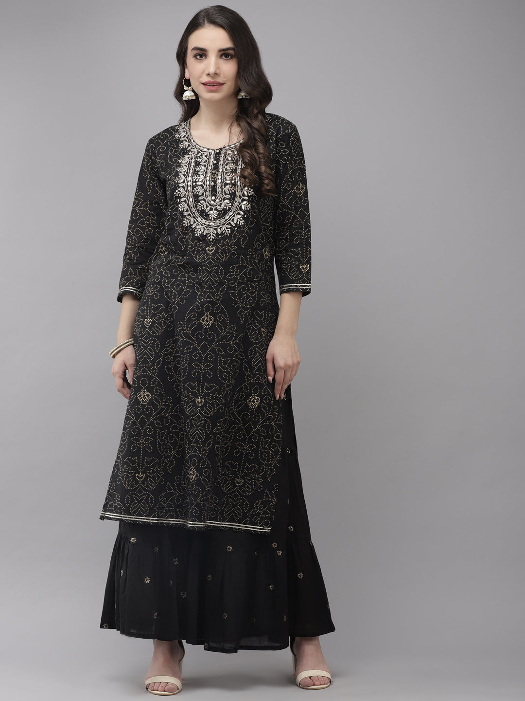 Women's Cotton Blend Black Embroidered A-Line Kurta Sharara Set  - Navyaa