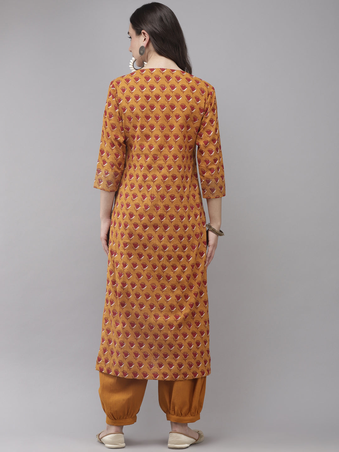 Women's Cotton Mustard Yellow Embroidered A-Line Kurta Salwar Set - Navyaa
