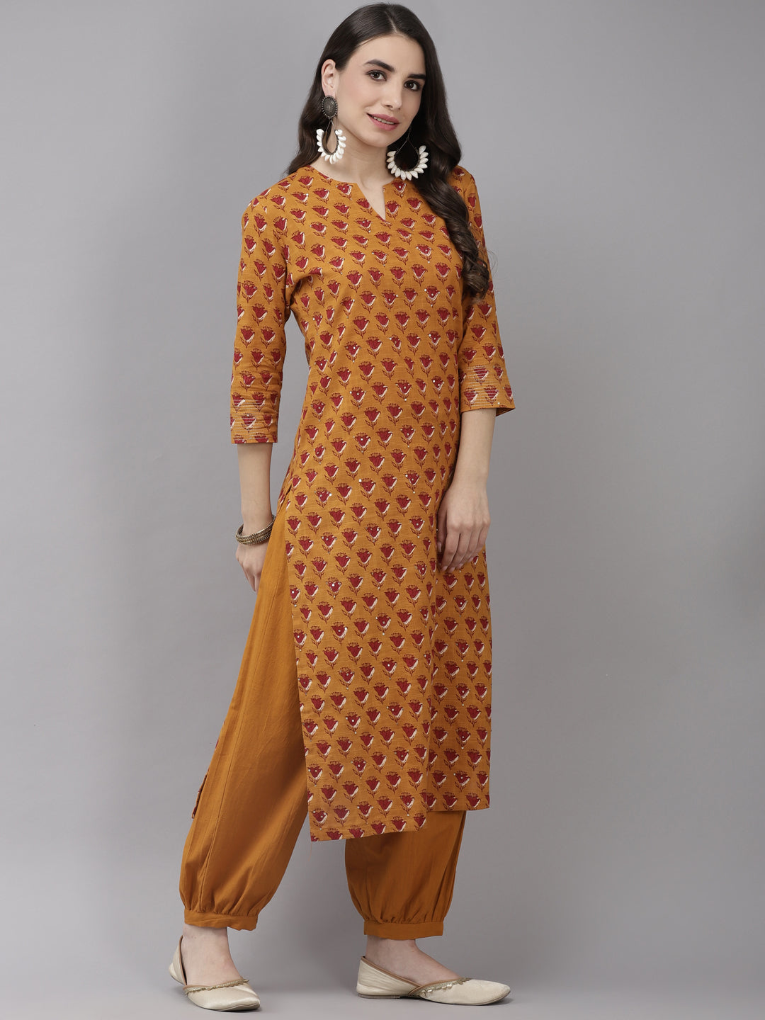 Women's Cotton Mustard Yellow Embroidered A-Line Kurta Salwar Set - Navyaa