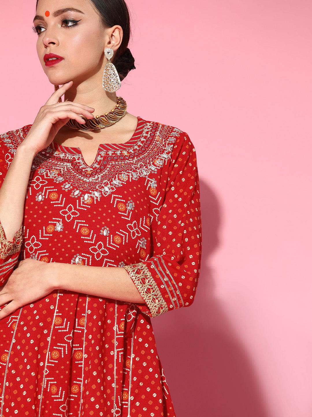 Women's Cotton Red Embroidered Anarkali Bandhani Kurta Sharara Set  - Navyaa