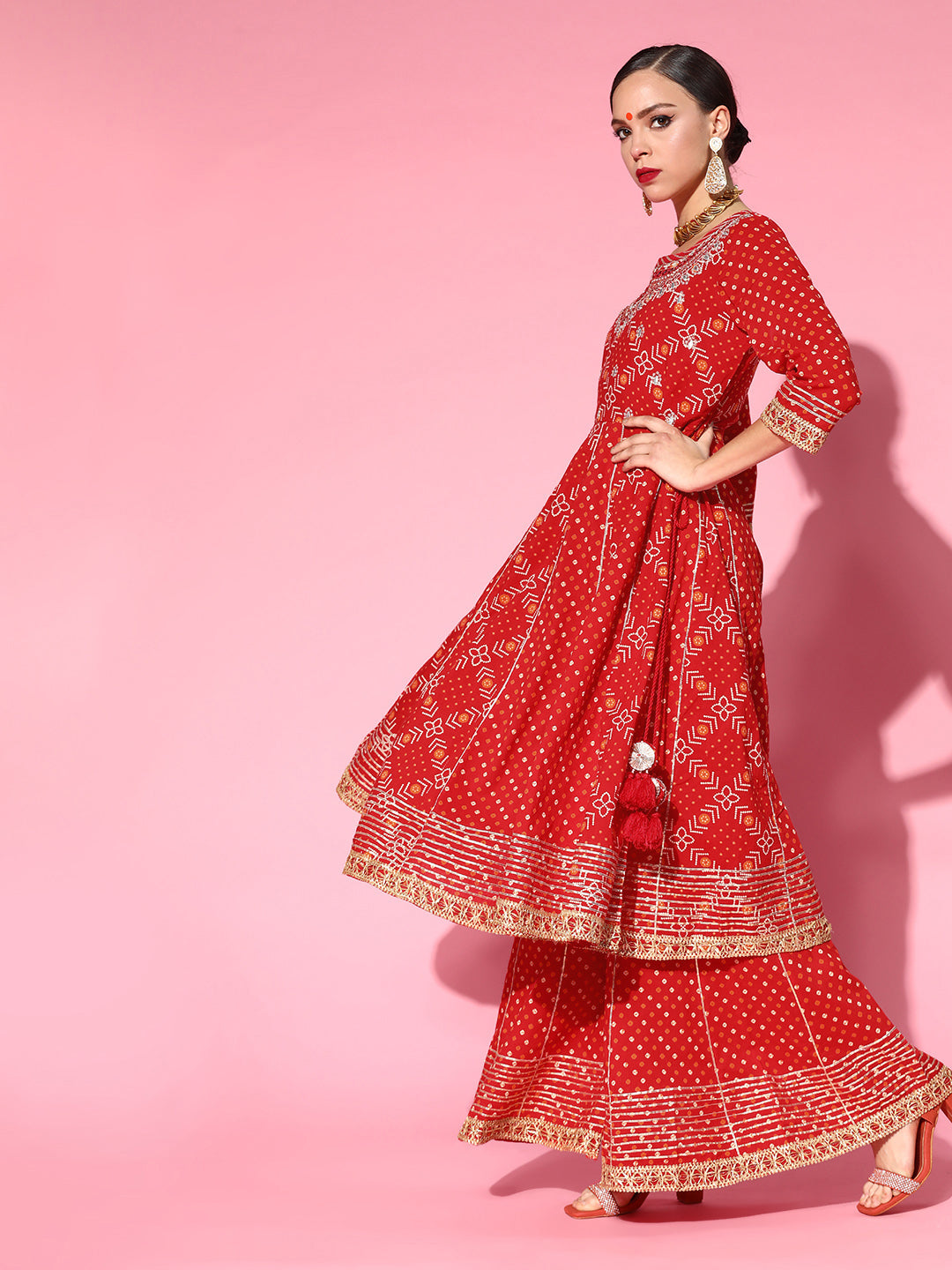 Women's Cotton Red Embroidered Anarkali Bandhani Kurta Sharara Set  - Navyaa