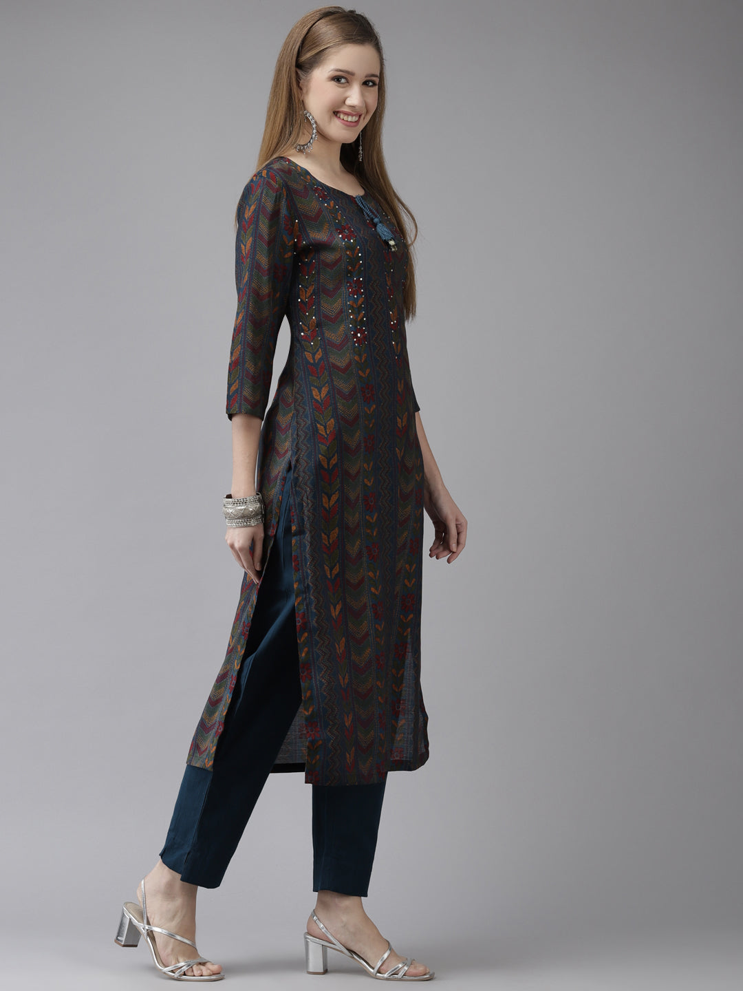Women's Art Silk Teal Embroidered A-Line Kurta Trouser Set - Navyaa