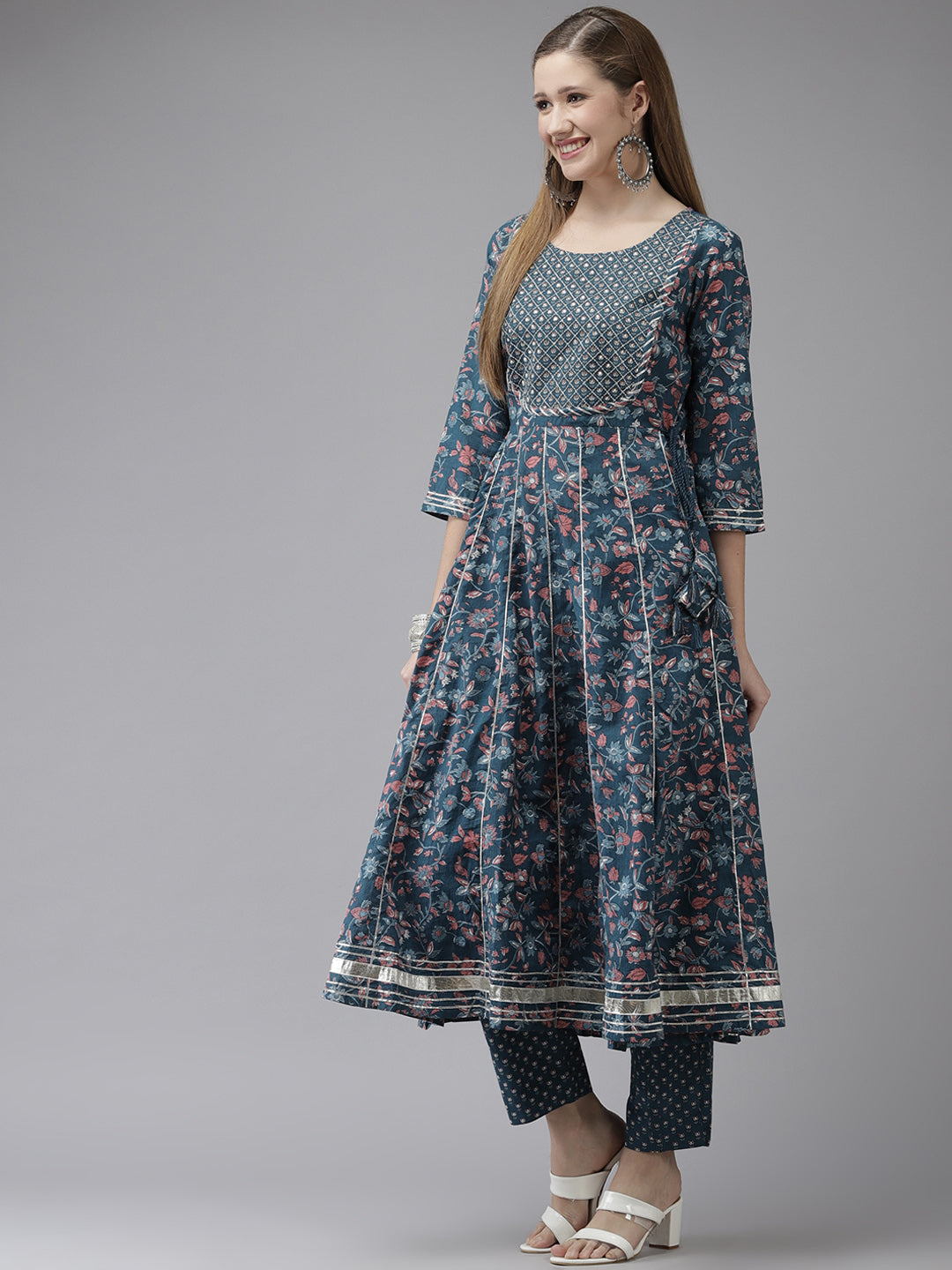Women's Cotton Blend Teal Embroidered Anarkali Kurta Trouser Set - Navyaa