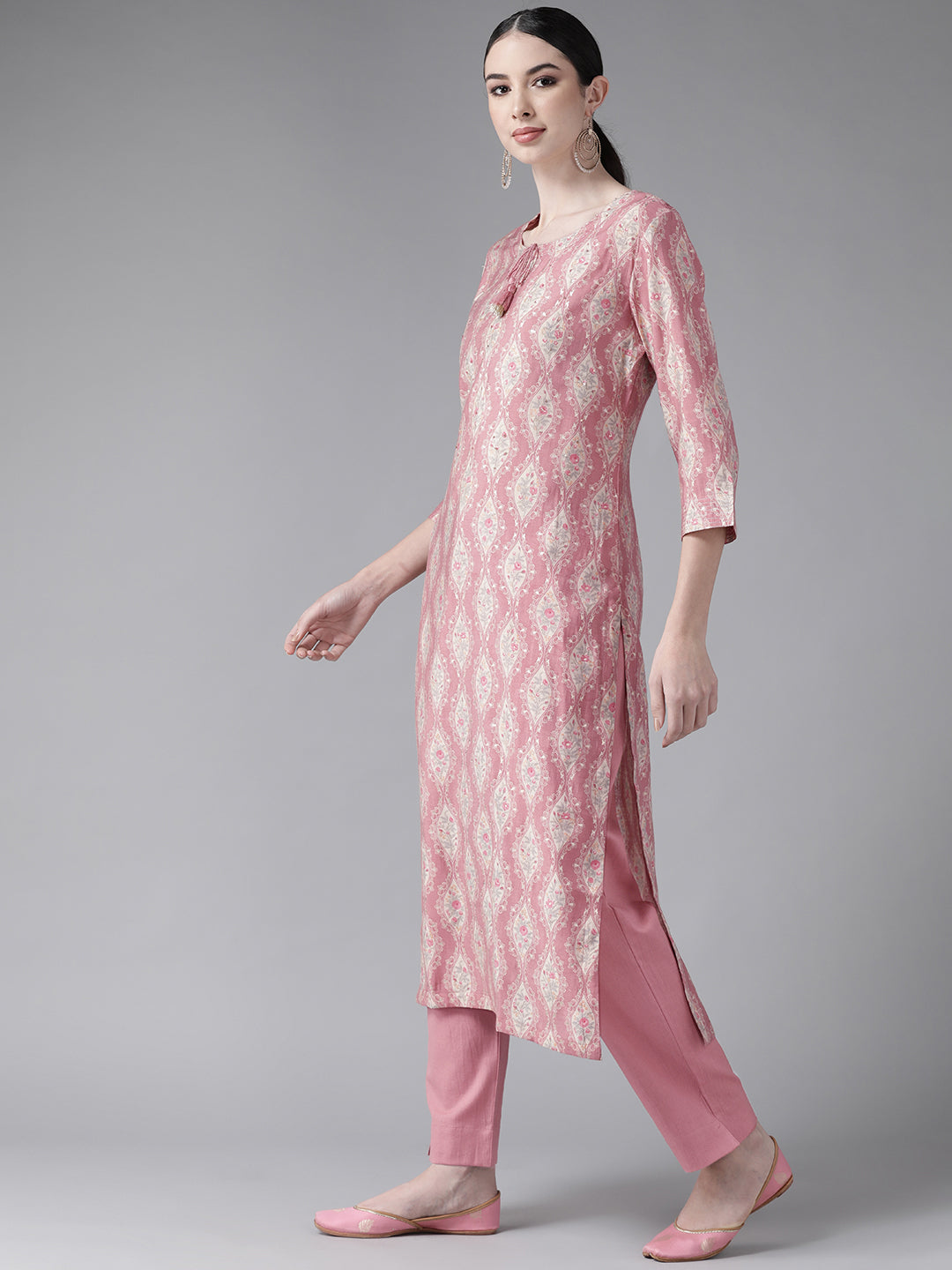 Women's Art Silk Pink Embroidered A-Line Kurta Trouser Set - Navyaa
