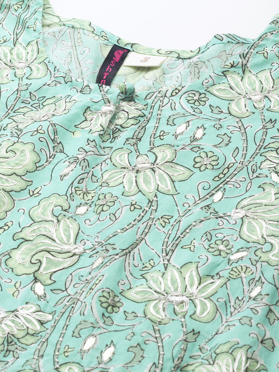 Women's Cotton Blend Sea Green Embroidered Anarkali Kurta Trouser Set - Navyaa