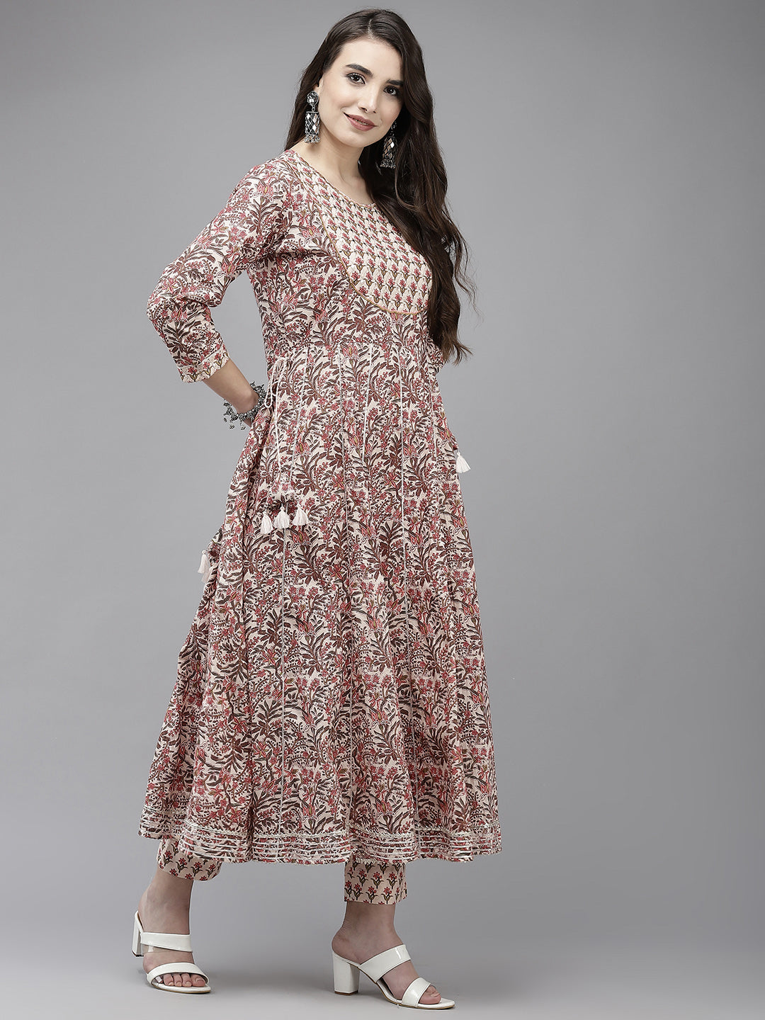 Women's Cotton Off White Embroidered Anarkali Kurta Trouser Set - Navyaa