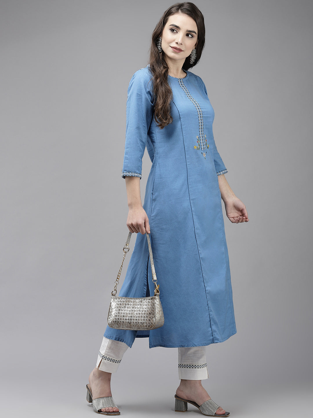 Women's Blue Back Embroidered A-Line Kurta With Trouser - Navyaa
