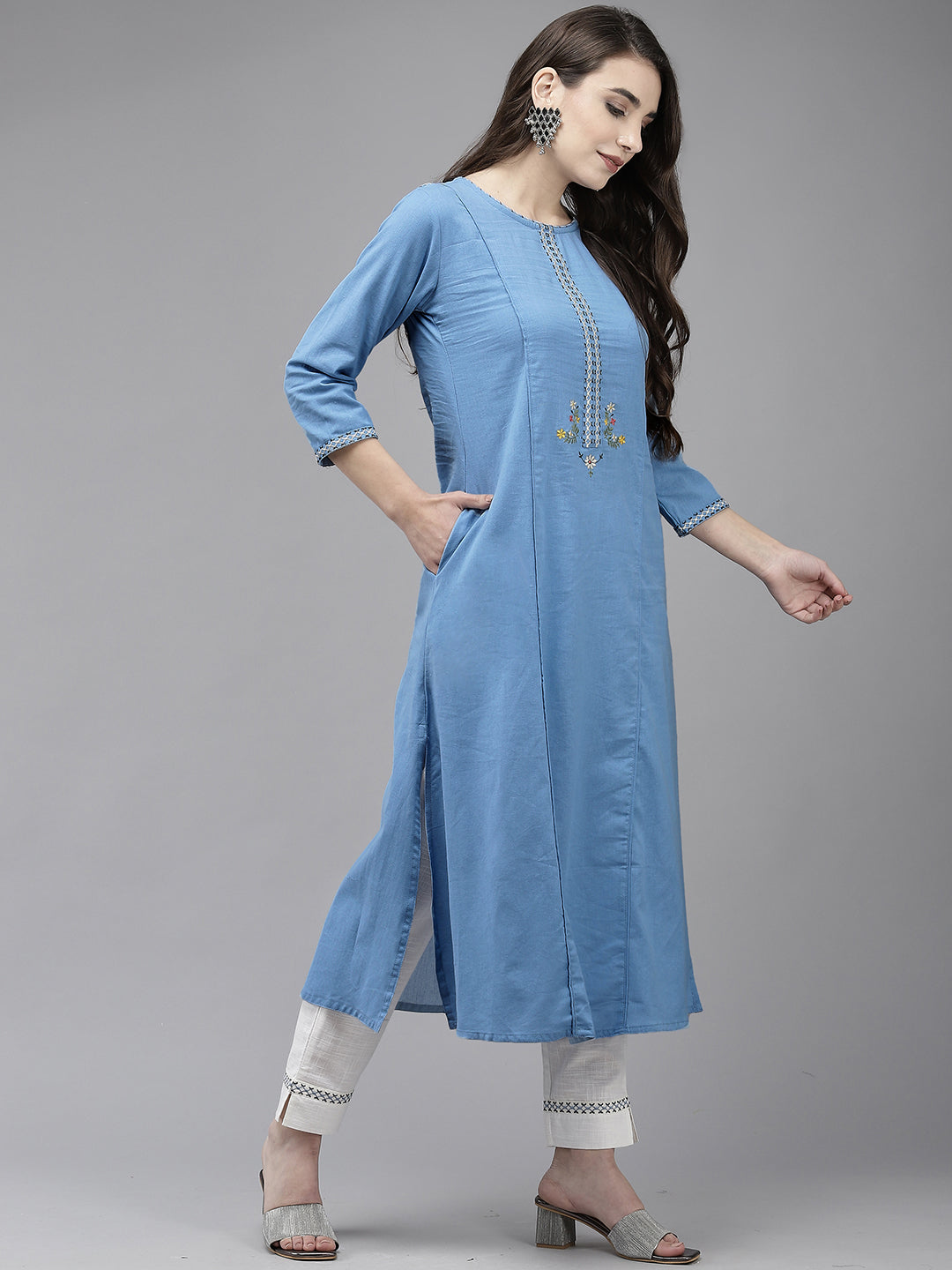 Women's Blue Back Embroidered A-Line Kurta With Trouser - Navyaa