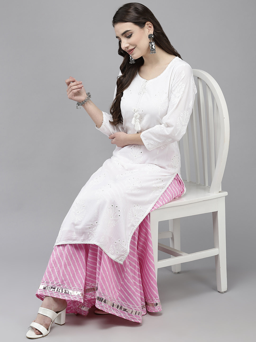 Women's White & Pink Embroidered A-Line Kurta With Sharara - Navyaa