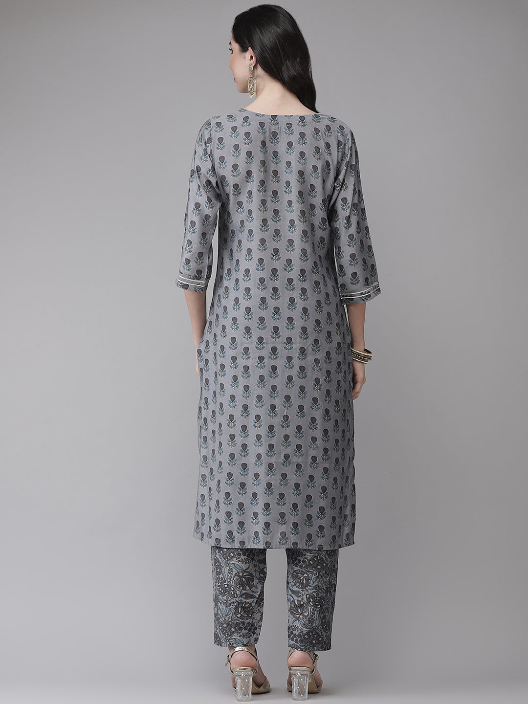 Women's Silk Blend Grey Printed A-Line Kurta Trouser Set - Navyaa