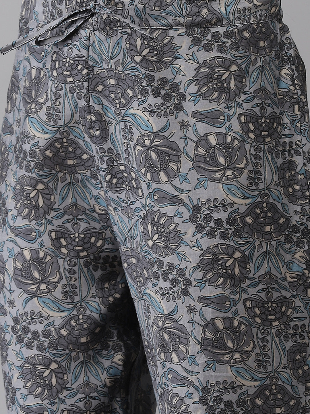 Women's Silk Blend Grey Printed A-Line Kurta Trouser Set - Navyaa
