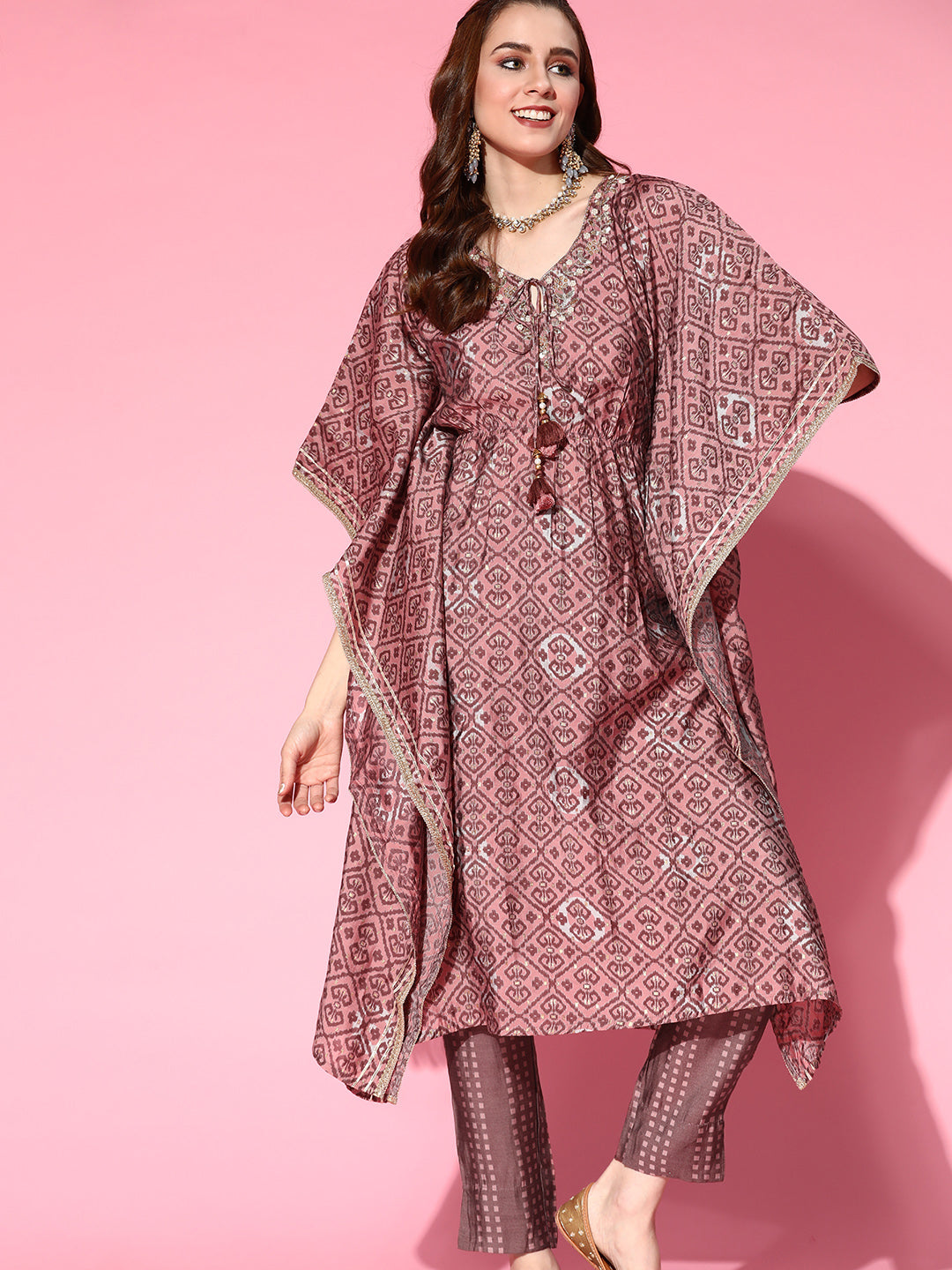Women's Silk Blend Mauve Embroidered Kaftan Kurta Trouser Set - Navyaa