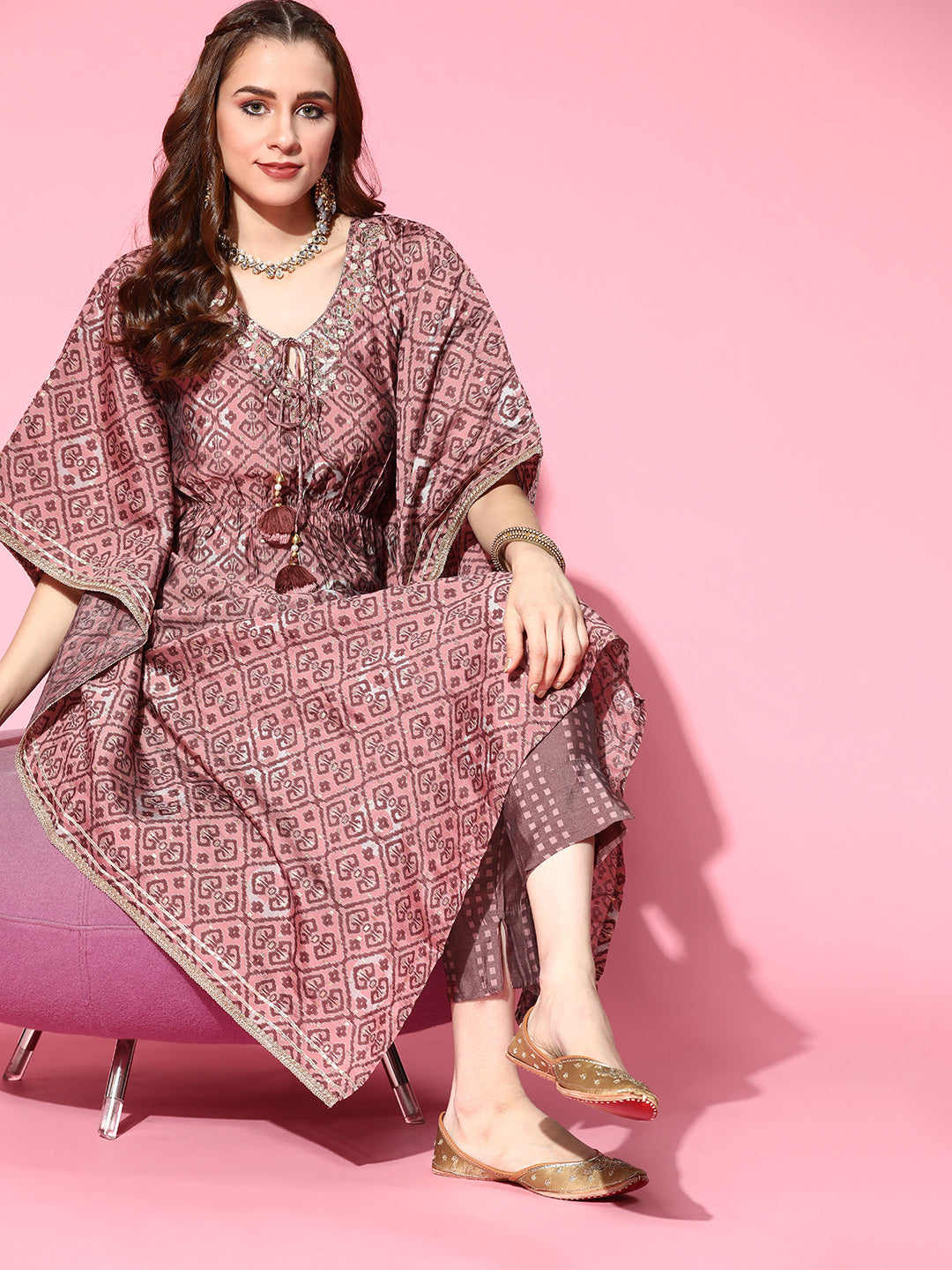 Women's Silk Blend Mauve Embroidered Kaftan Kurta Trouser Set - Navyaa