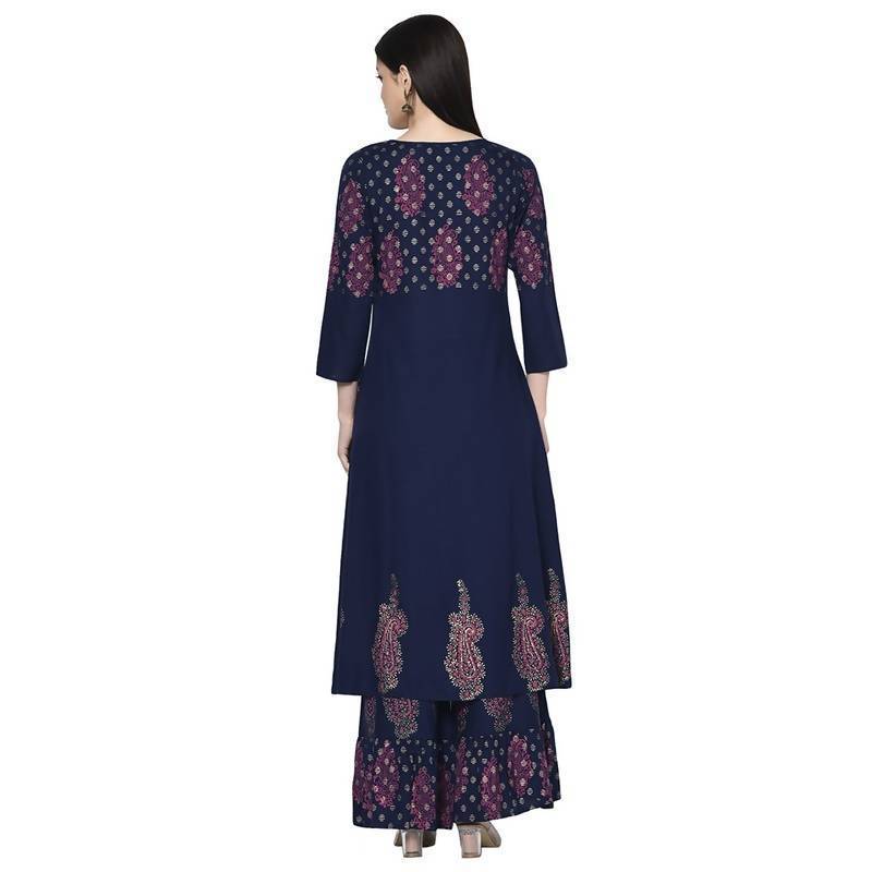 Women's Navy Blue Rayon Block print A-line flared long kurta Palazzo set with two front slit
