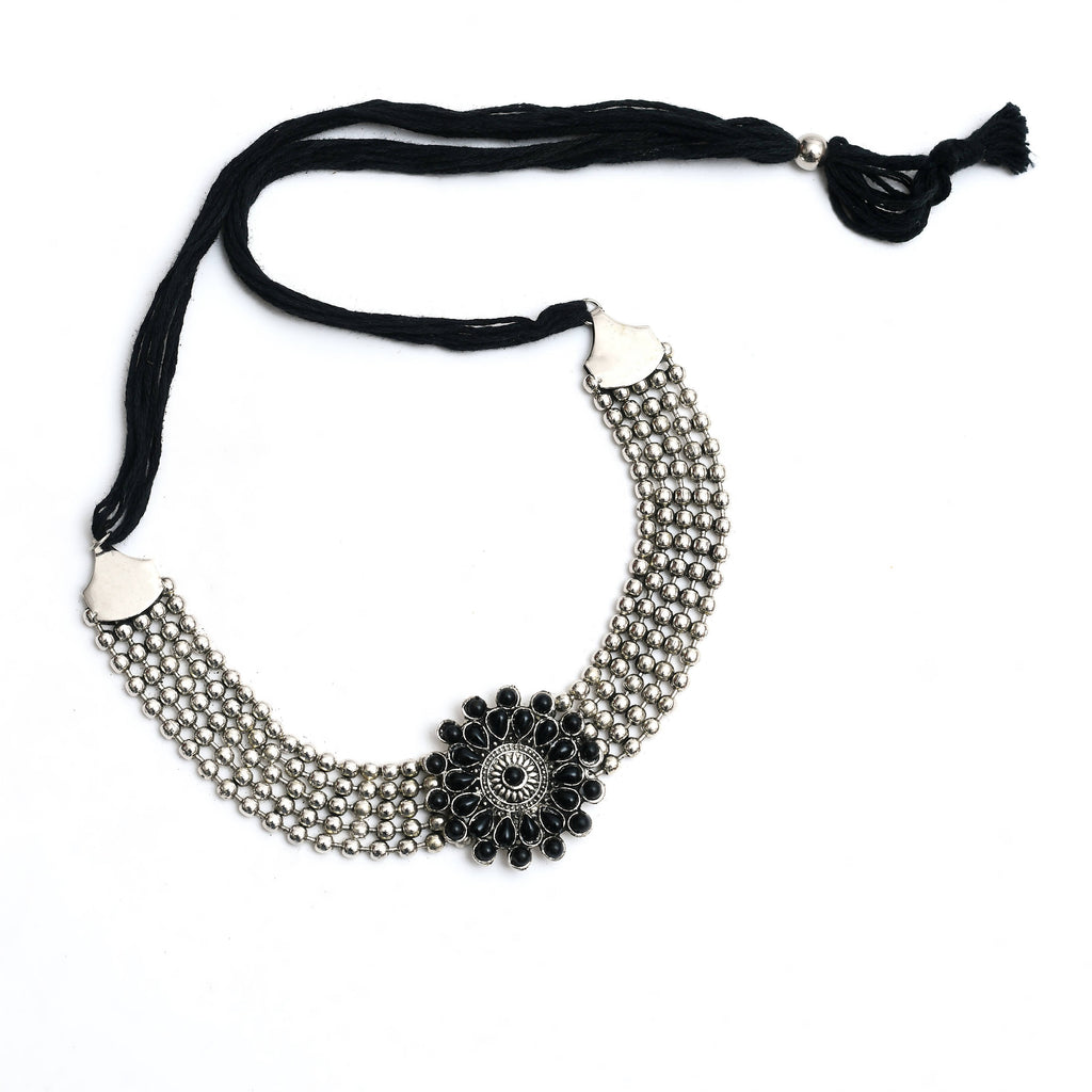 Johar Kamal Oxidised Silver-Plated Black Color Chokar Necklace with Ear