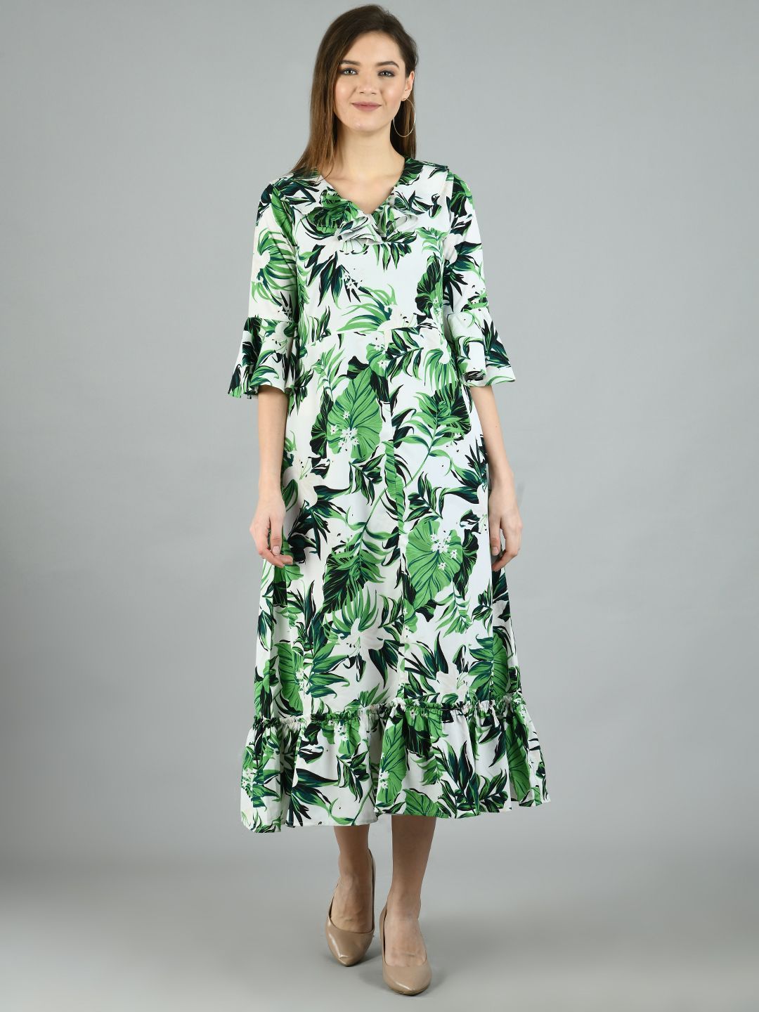 Women's Green Polyester Printed Half Sleeve V Neck Casual Dress - Myshka