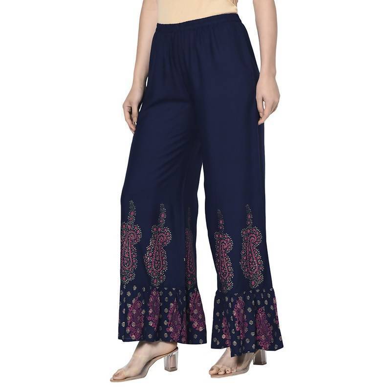 Women's Navy Blue Rayon Block Print Flared slip-on Palazzo