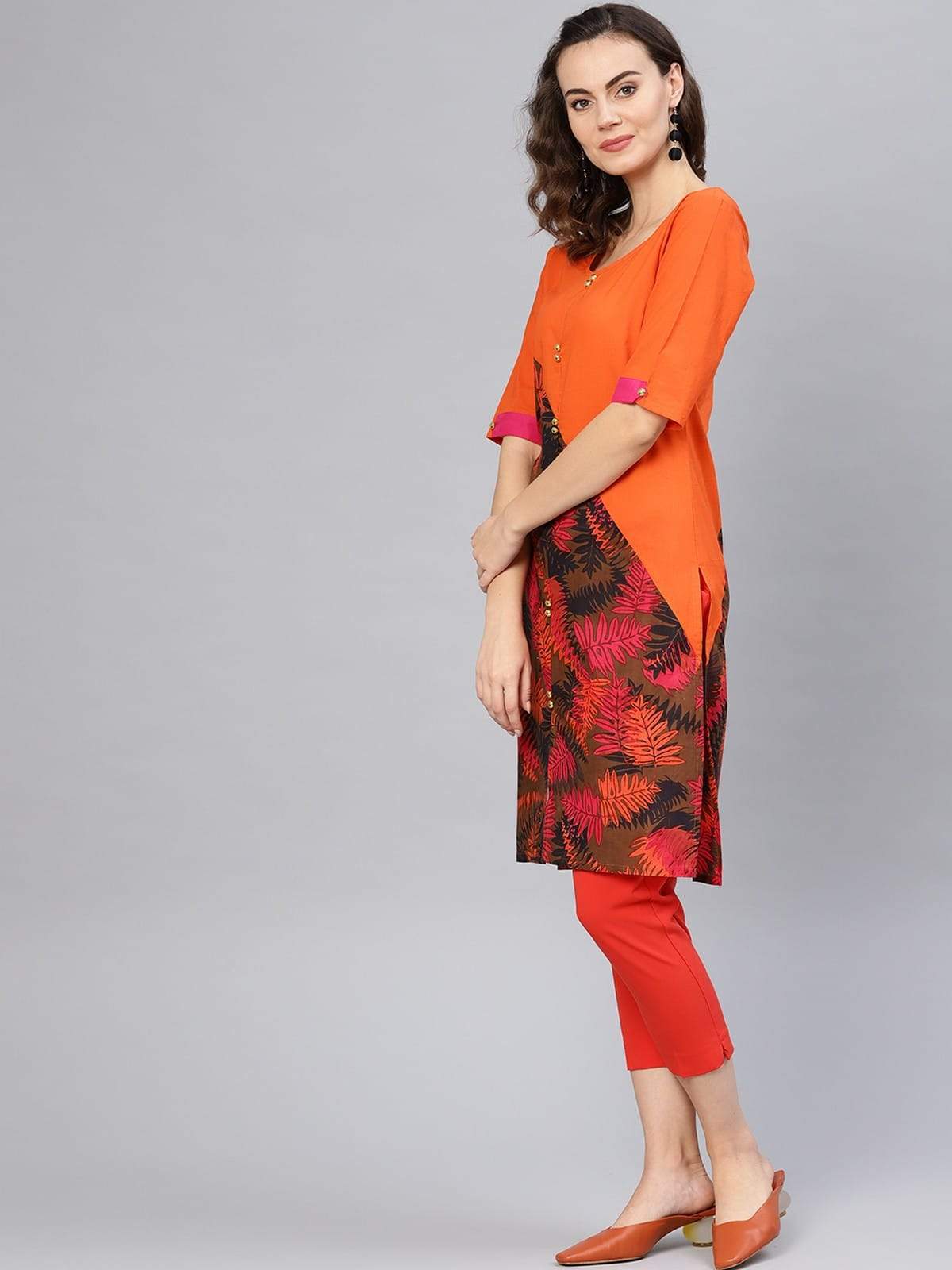 Women's Orange Leaf Print Diagonal Cut Kurta - Pannkh