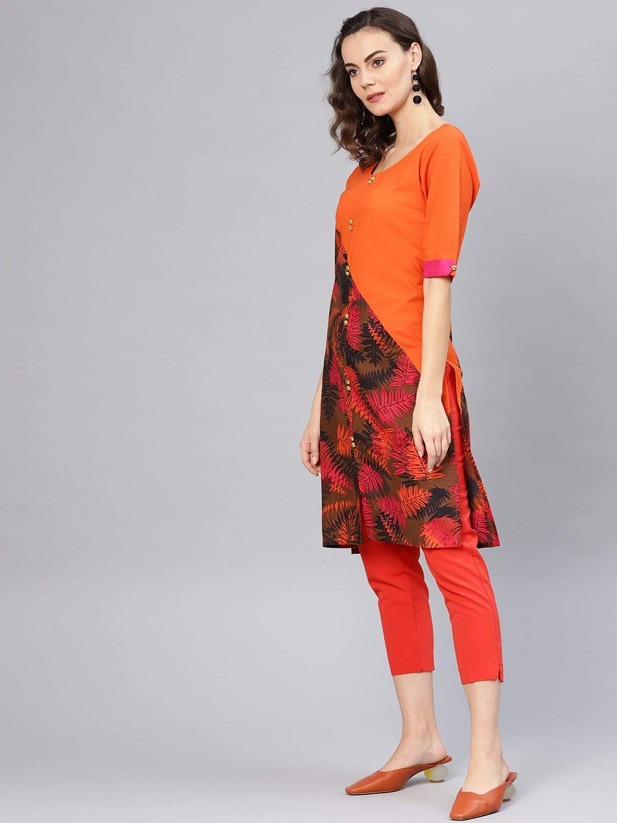 Women's Orange Leaf Print Diagonal Cut Kurta - Pannkh