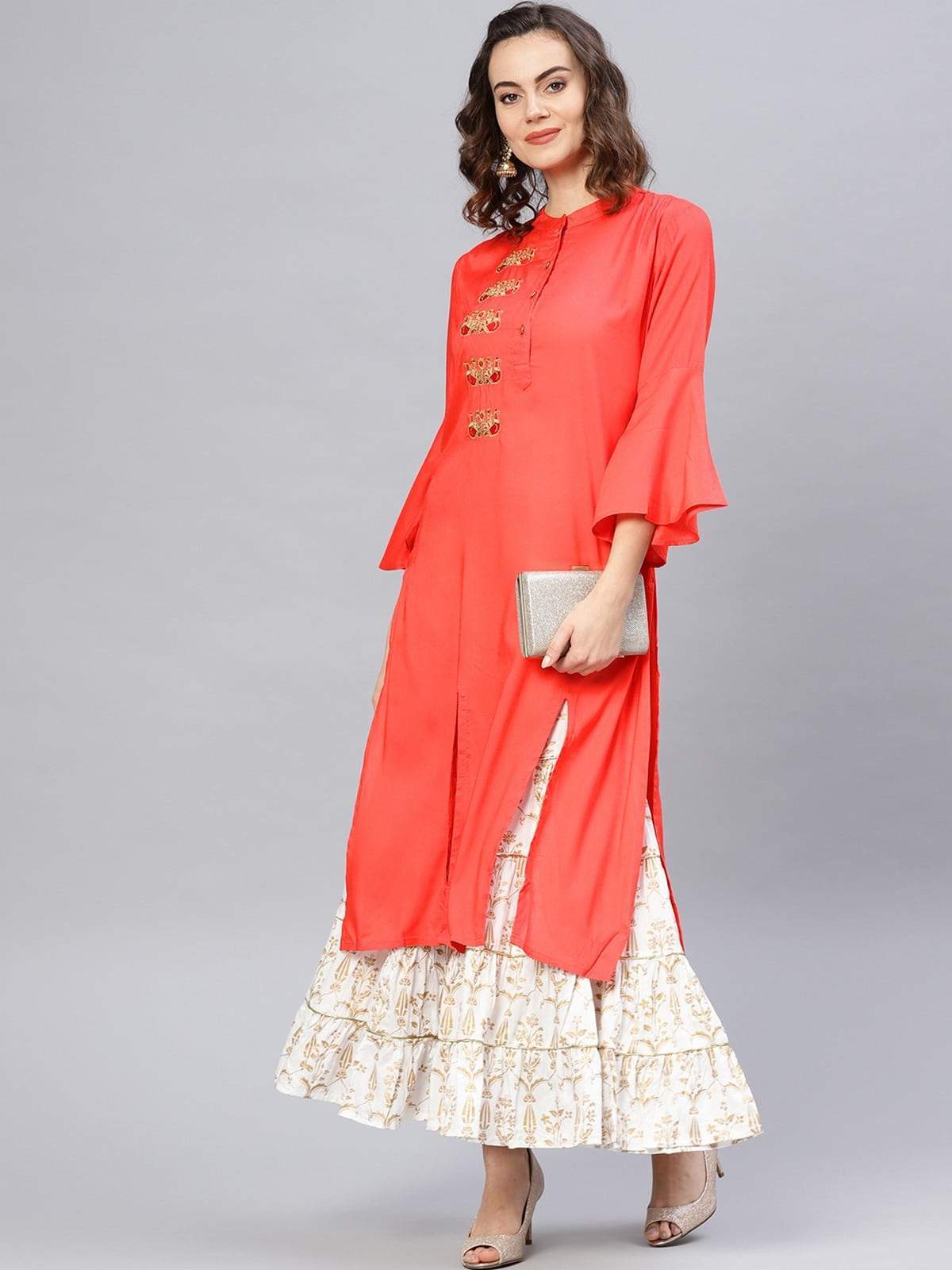 Women's Red Embroidered Bell Sleeves Straight Kurta - Pannkh