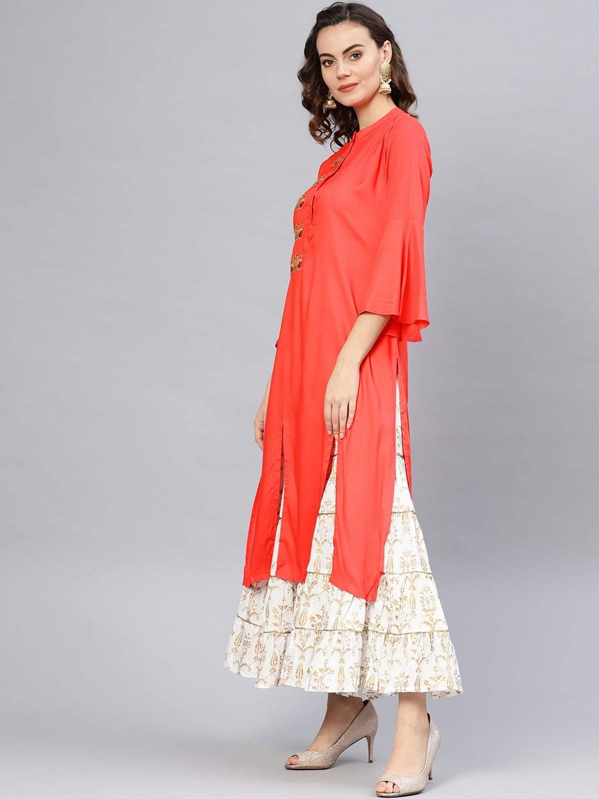 Women's Red Embroidered Bell Sleeves Straight Kurta - Pannkh