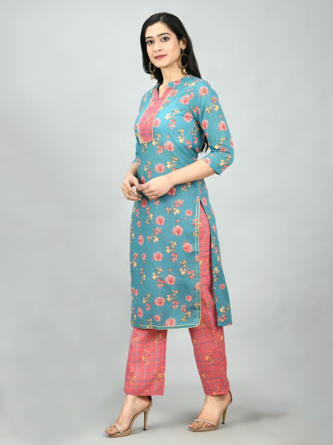 Women's Multi Poly Cotton Printed 3/4 Sleeve Mandarin Neck Casual Kurta Pant Set - Myshka