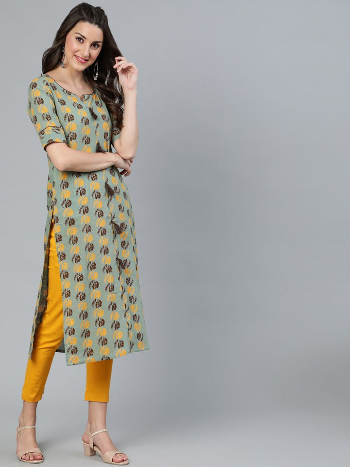 Women's Green & Brown Printed Straight Kurta