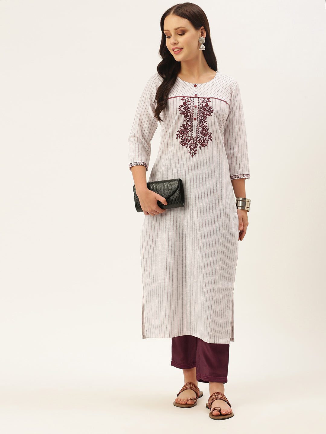 Women's White Color Cotton Blend Checked Striped Embroidered Kurta Pant Set - VAABA