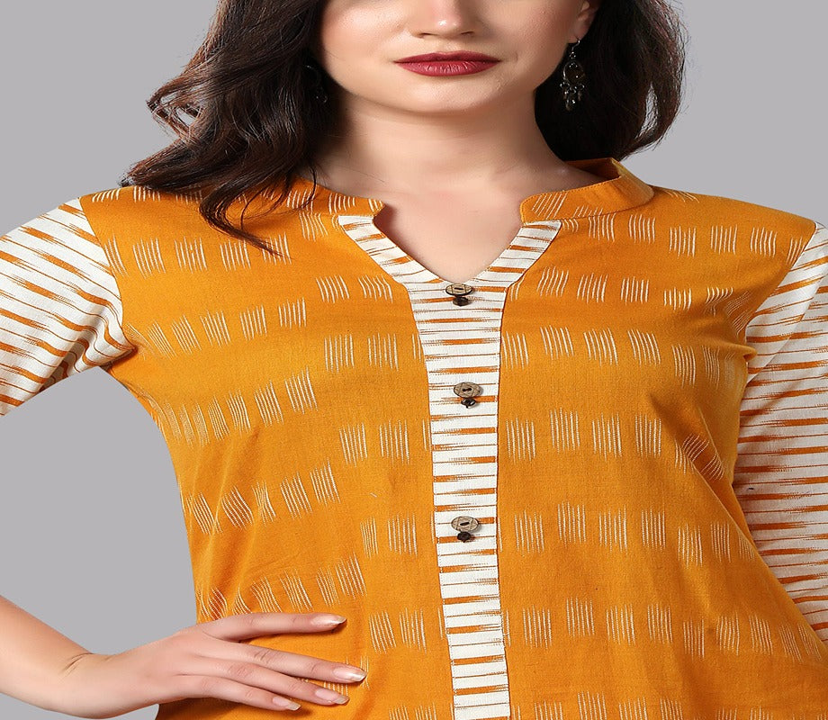 Women's Yellow Color Cotton Blend Straight Printed Kurta Pant Set With Dupatta  - Vaaba