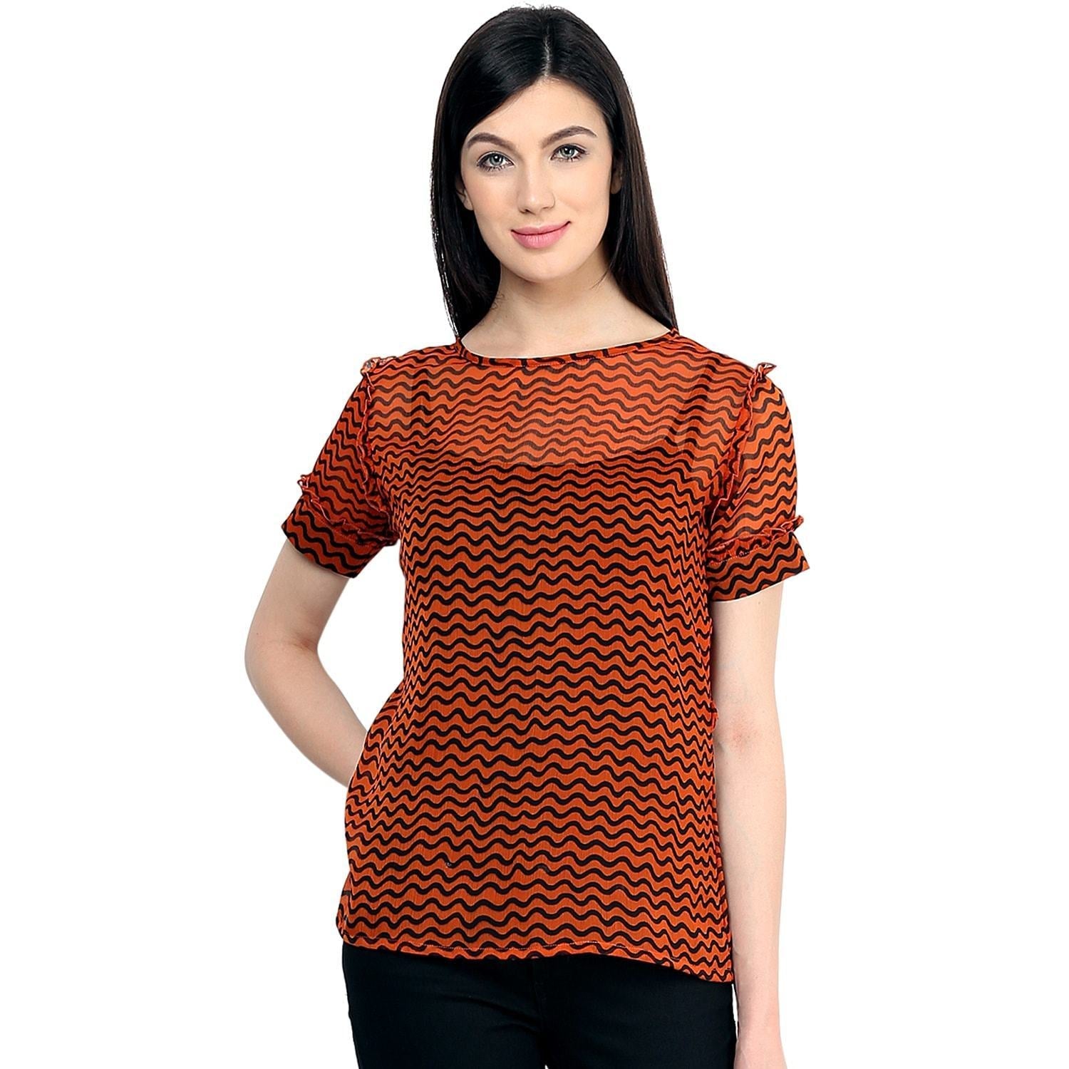 Women's Orange Frill Shirt Top - Pannkh