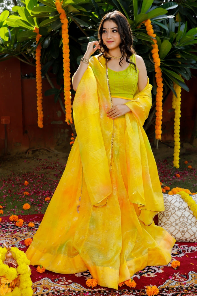 Women's Yellow Traditional Semi-Stitched Lehenga- (3pc) - Indi Inside