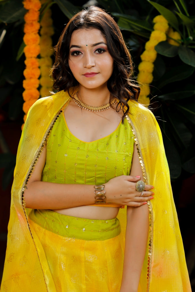 Women's Yellow Traditional Semi-Stitched Lehenga- (3pc) - Indi Inside