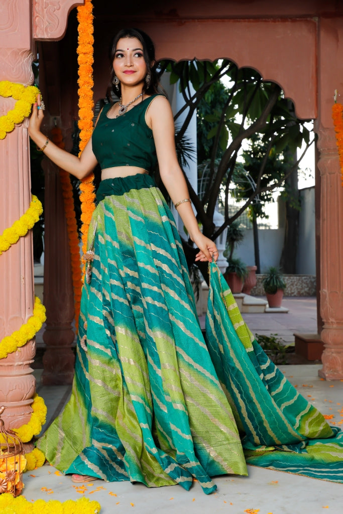Women's Green Traditional Semi-Stitched Lehenga- (3pc) - Indi Inside