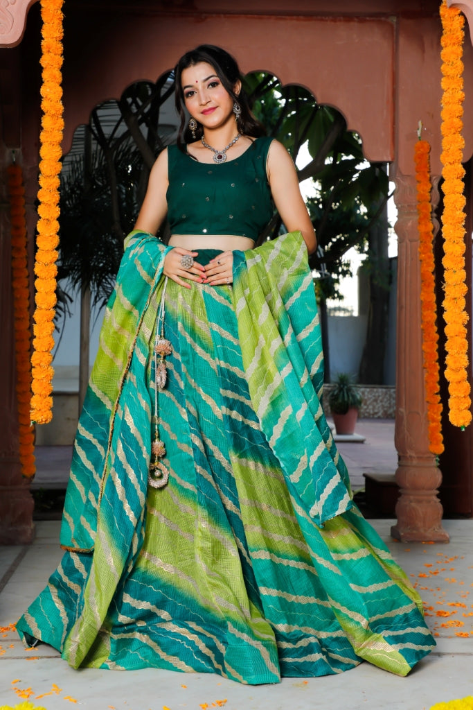 Women's Green Traditional Semi-Stitched Lehenga- (3pc) - Indi Inside