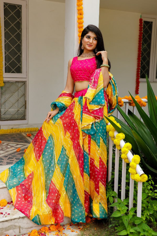 Women's  Multi Colored Lehenga & Dupatta with Unstitched Blouse - Indi Inside
