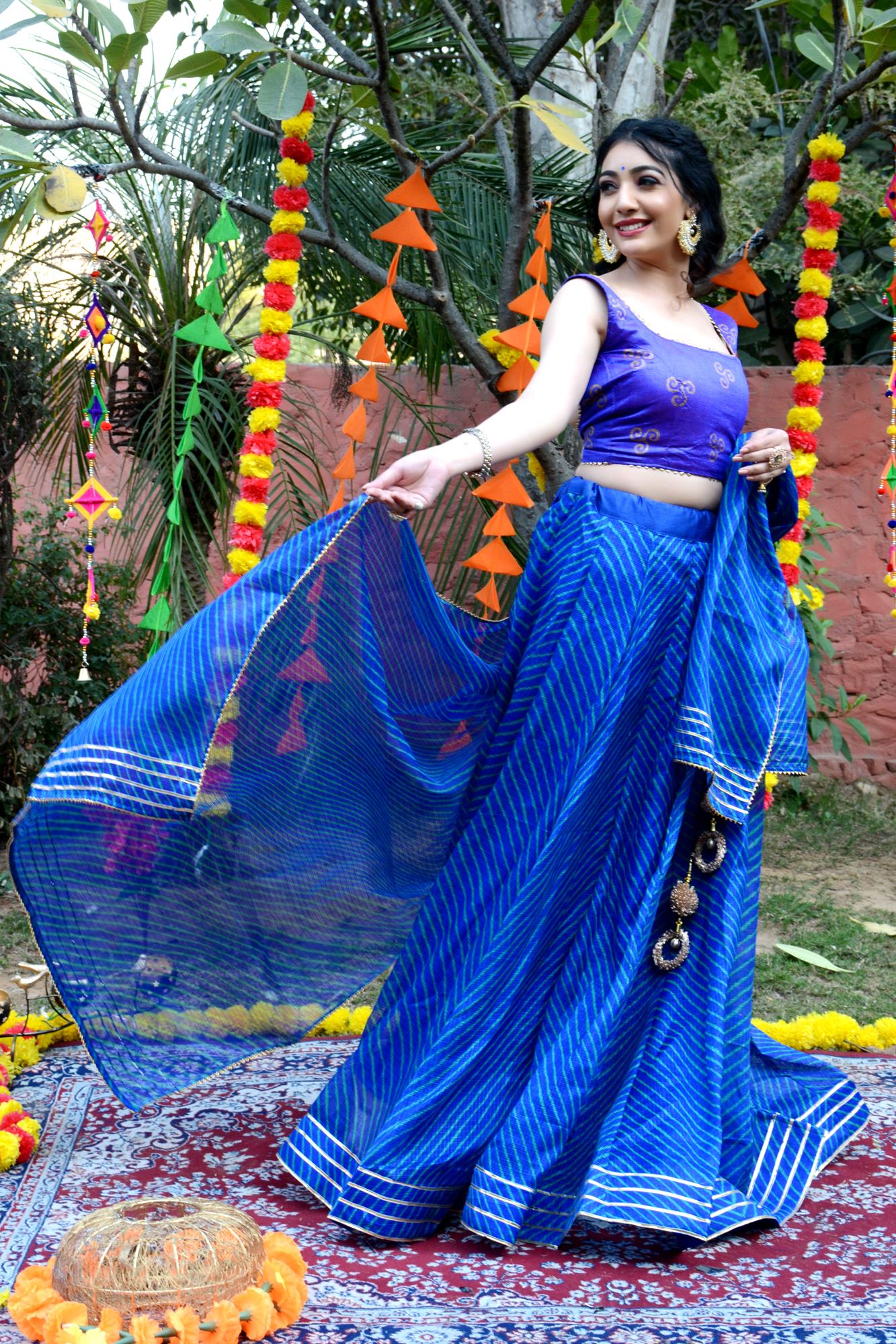 Women's Blue Striped Lehenga & Dupatta with Unstitched Blouse - Indi Inside