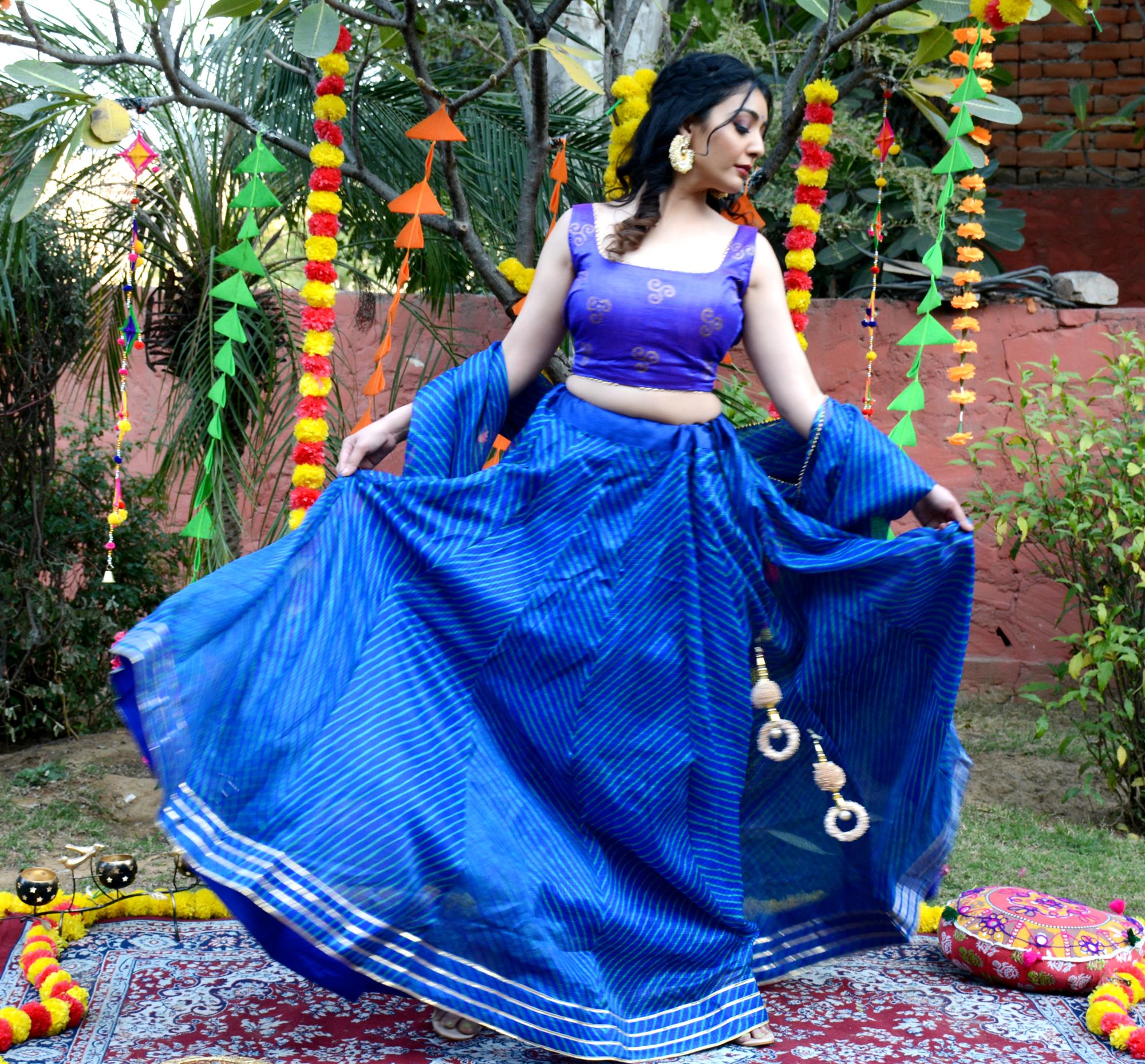 Women's Blue Striped Lehenga & Dupatta with Unstitched Blouse - Indi Inside
