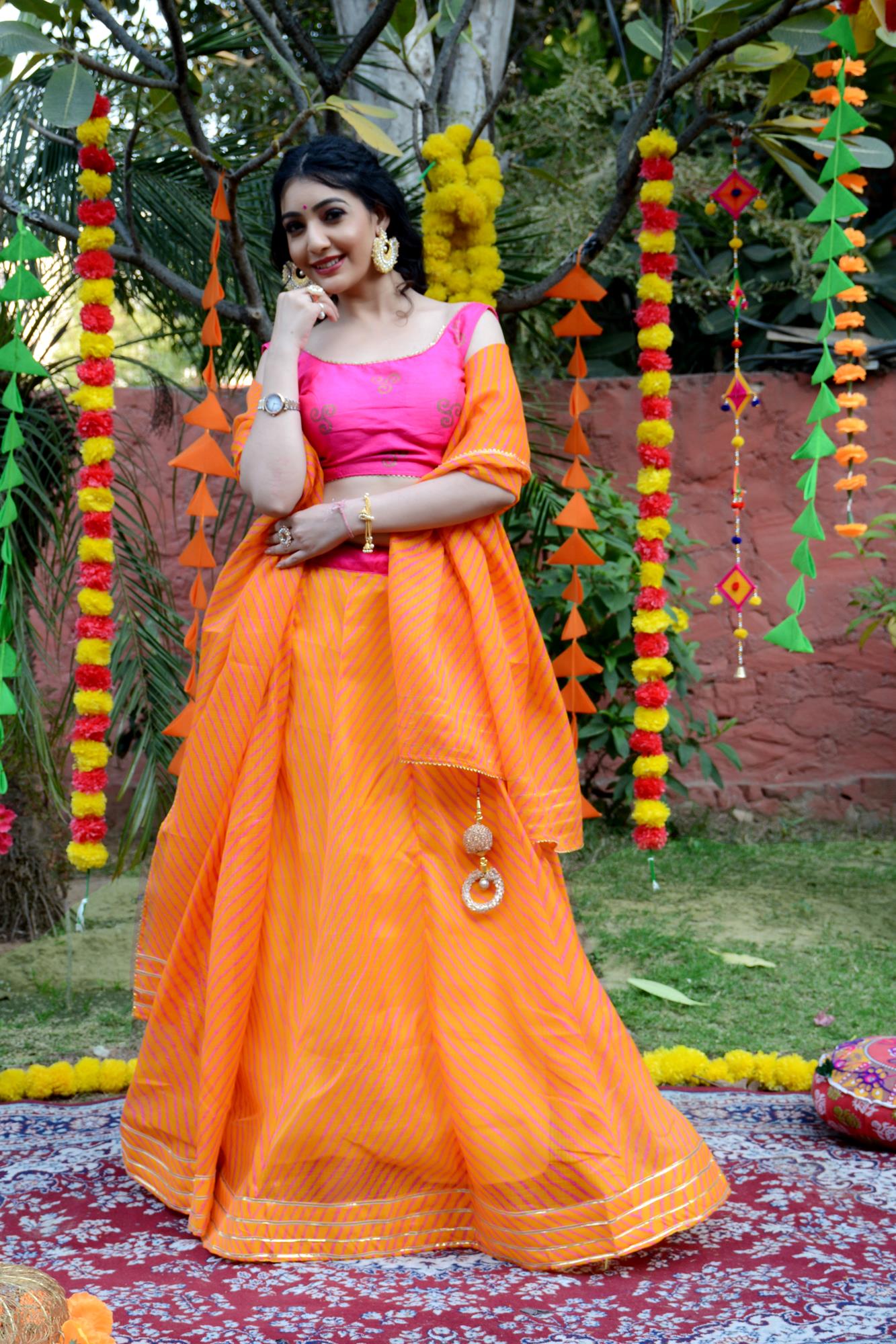 Women's Orange Striped Lehenga & Dupatta with Unstitched Blouse - Indi Inside
