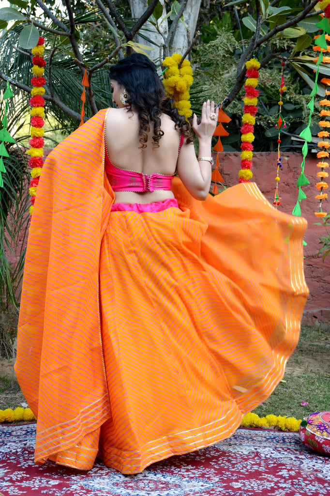 Women's Orange Striped Lehenga & Dupatta with Unstitched Blouse
