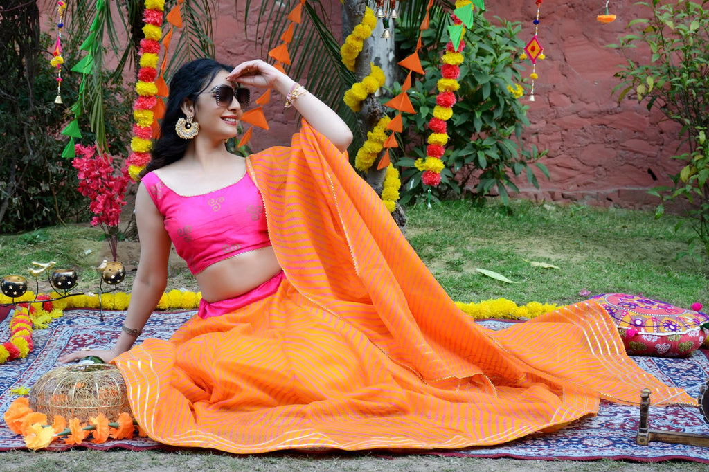 Women's Orange Striped Lehenga & Dupatta with Unstitched Blouse
