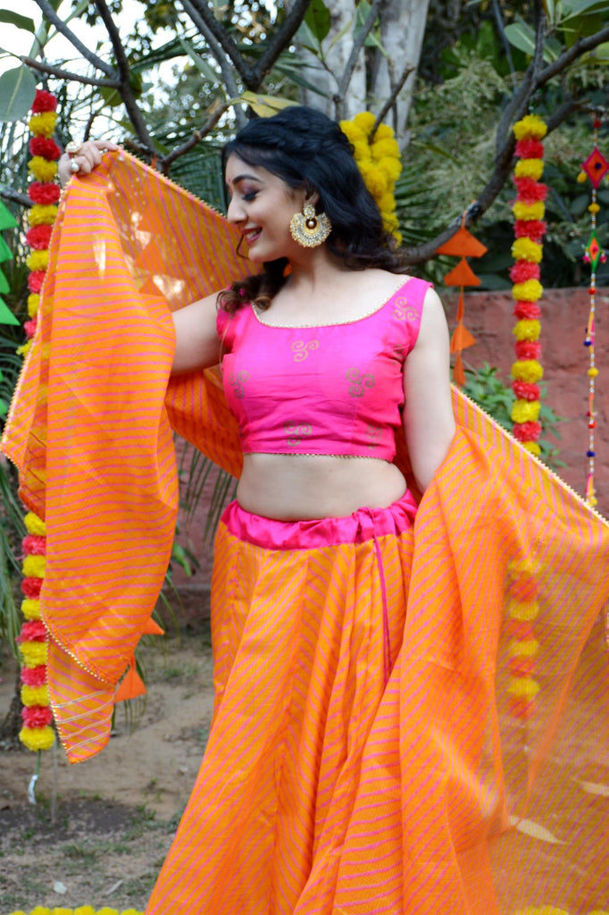 Women's Orange Striped Lehenga & Dupatta with Unstitched Blouse