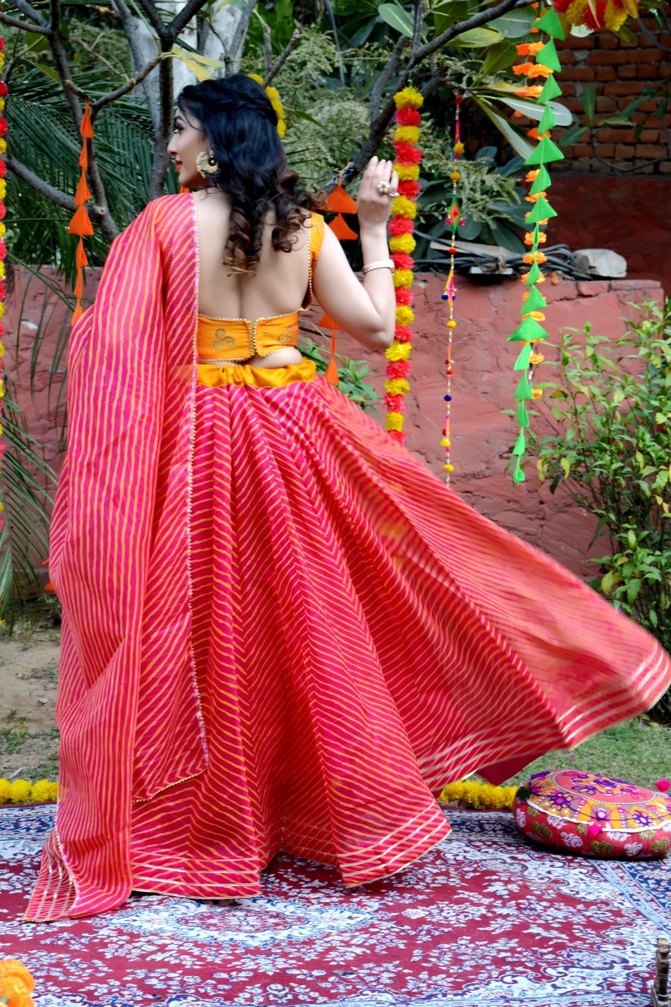 Women's Rani Striped Lehenga & Dupatta with Unstitched Blouse - Indi Inside
