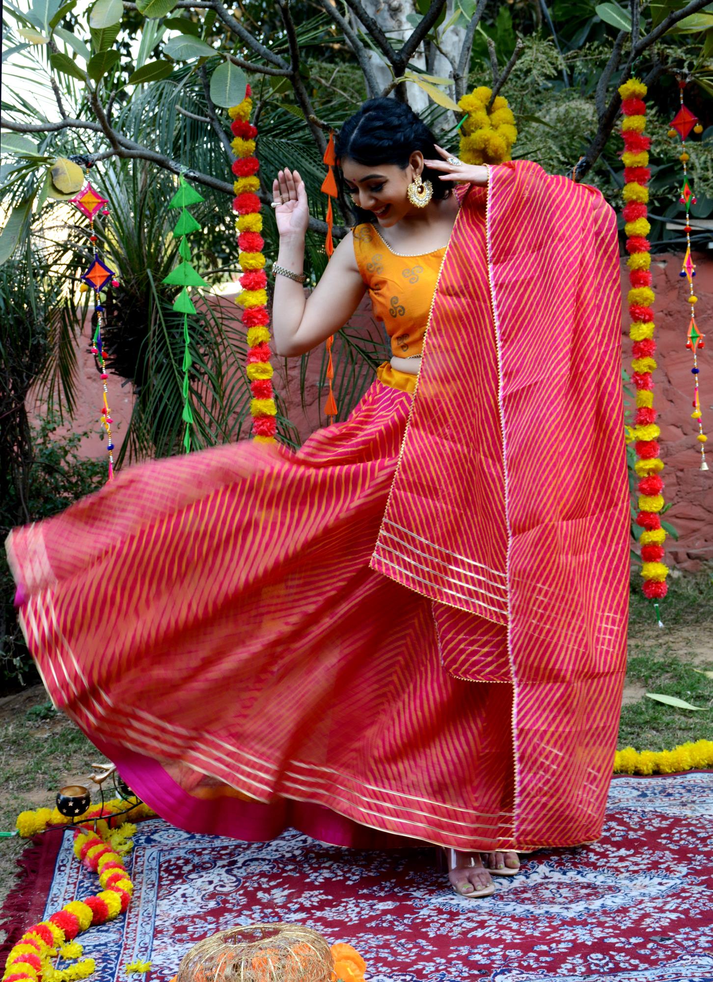 Women's Rani Striped Lehenga & Dupatta with Unstitched Blouse - Indi Inside