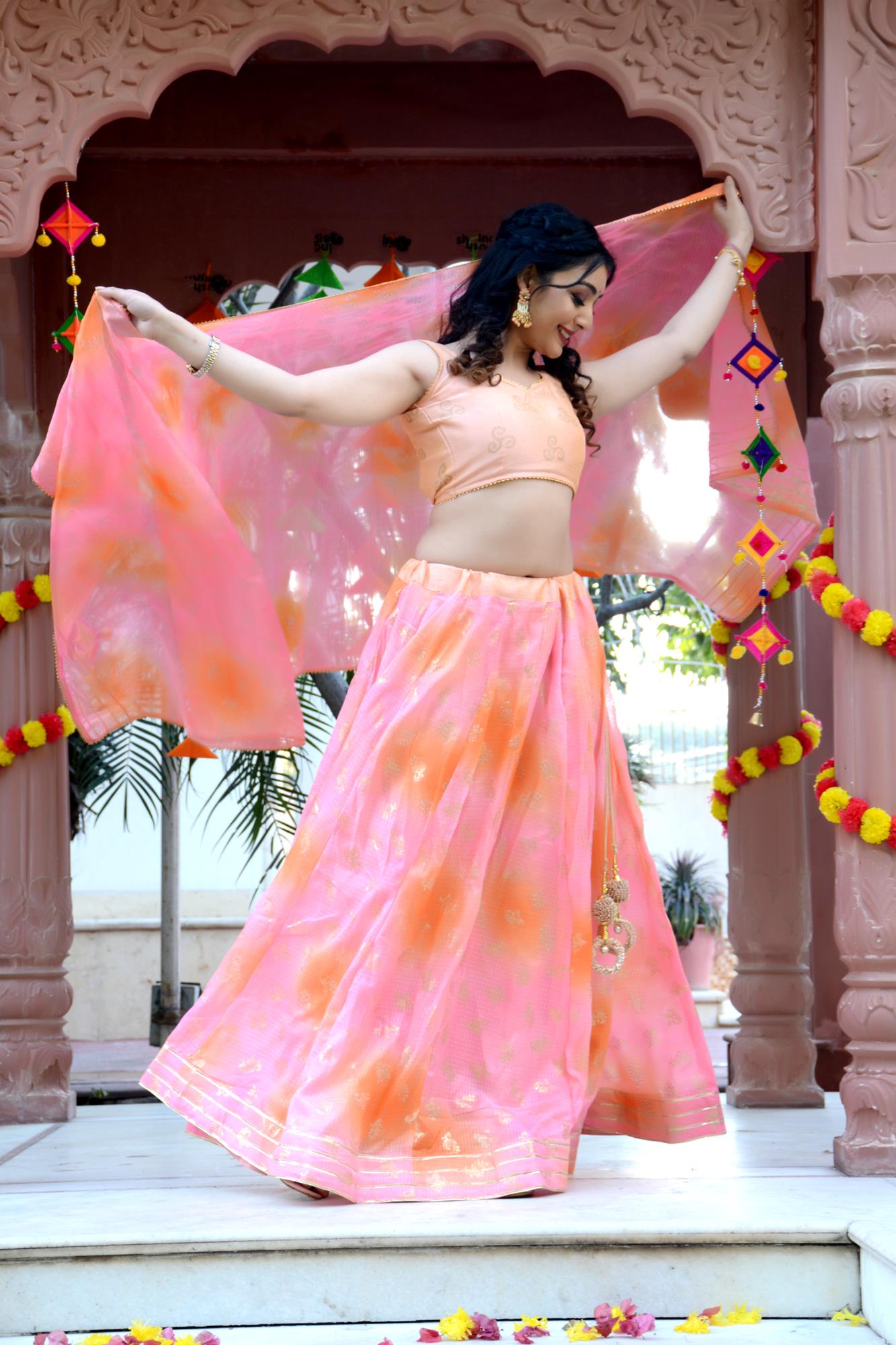 Women's Pink-Orange Shaded Lehenga & Dupatta with Unstitched Blouse - Indi Inside