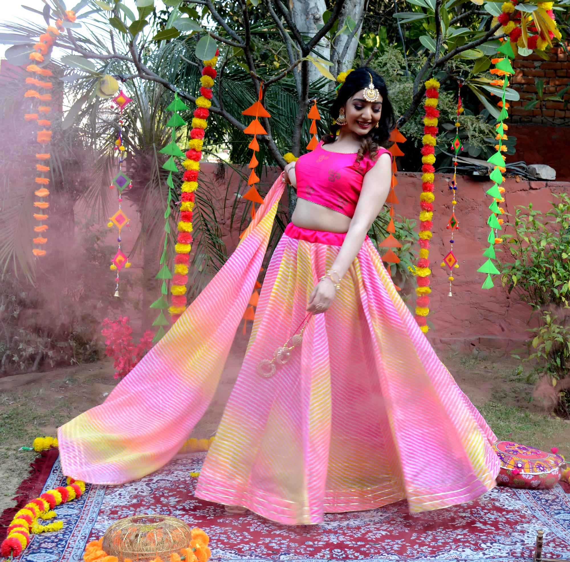 Women's Multicolored Striped Lehenga & Dupatta with Unstitched Blouse - Indi Inside