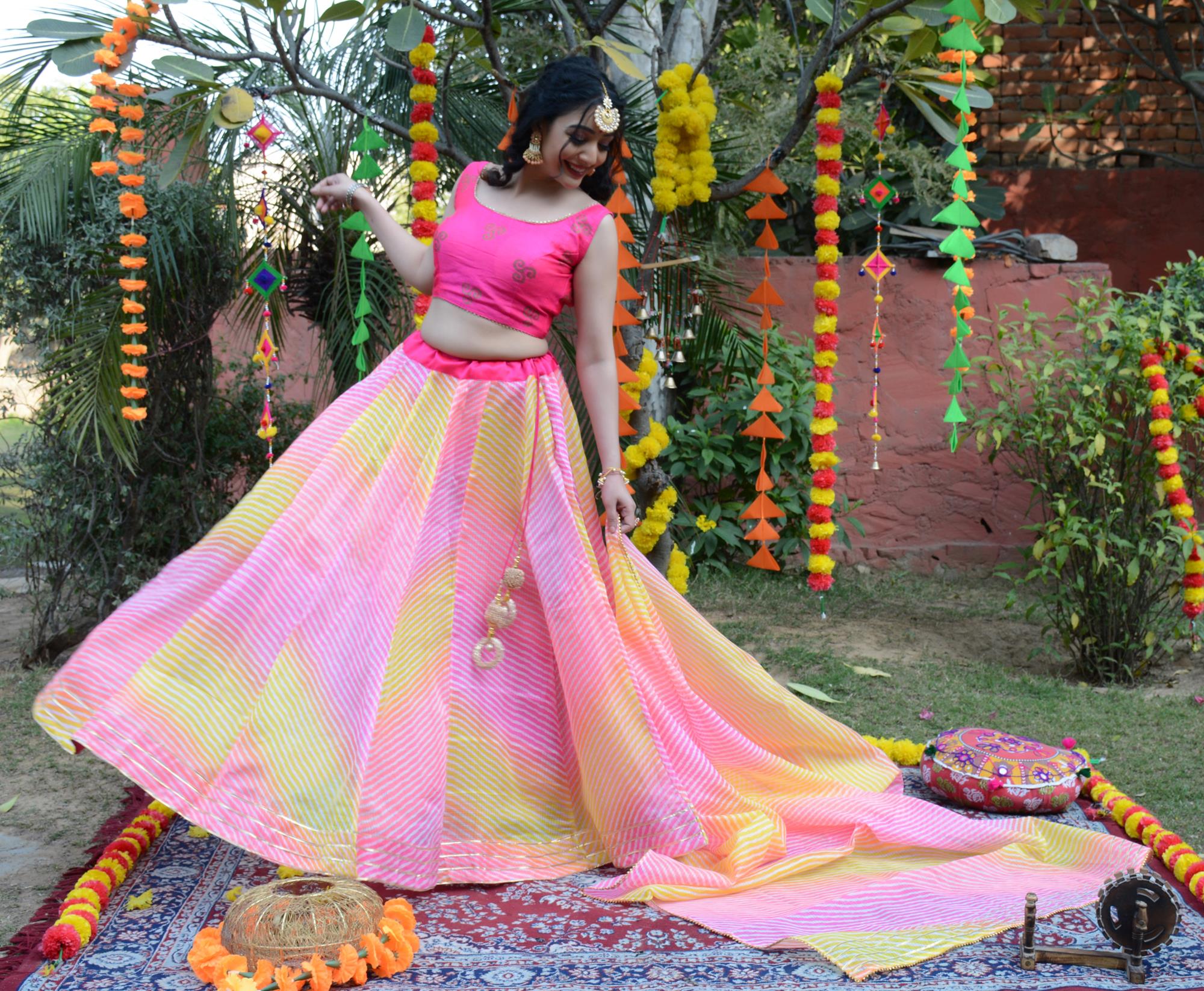 Women's Multicolored Striped Lehenga & Dupatta with Unstitched Blouse - Indi Inside