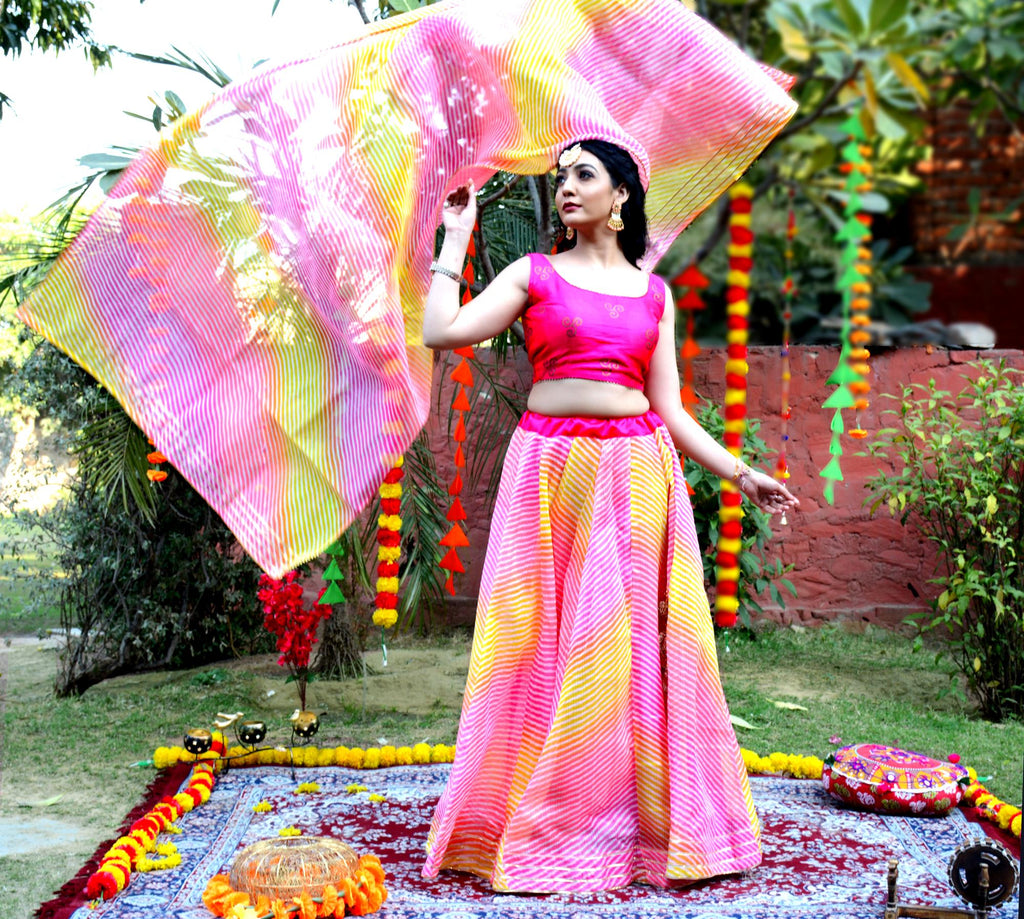 Women's Multicolored Striped Lehenga & Dupatta with Unstitched Blouse