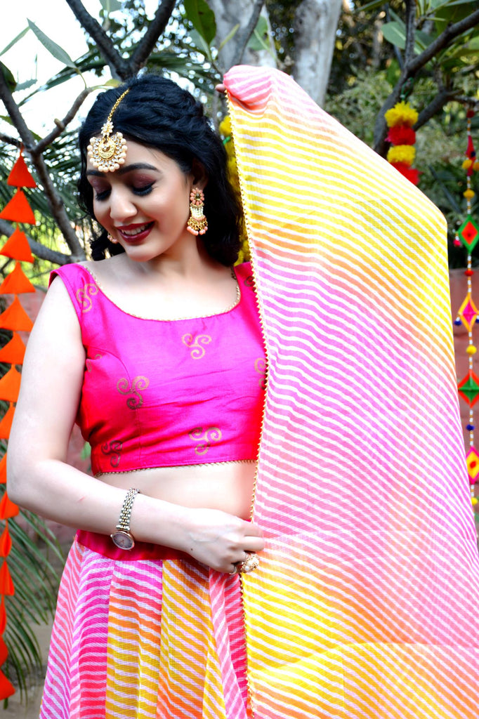 Women's Multicolored Striped Lehenga & Dupatta with Unstitched Blouse