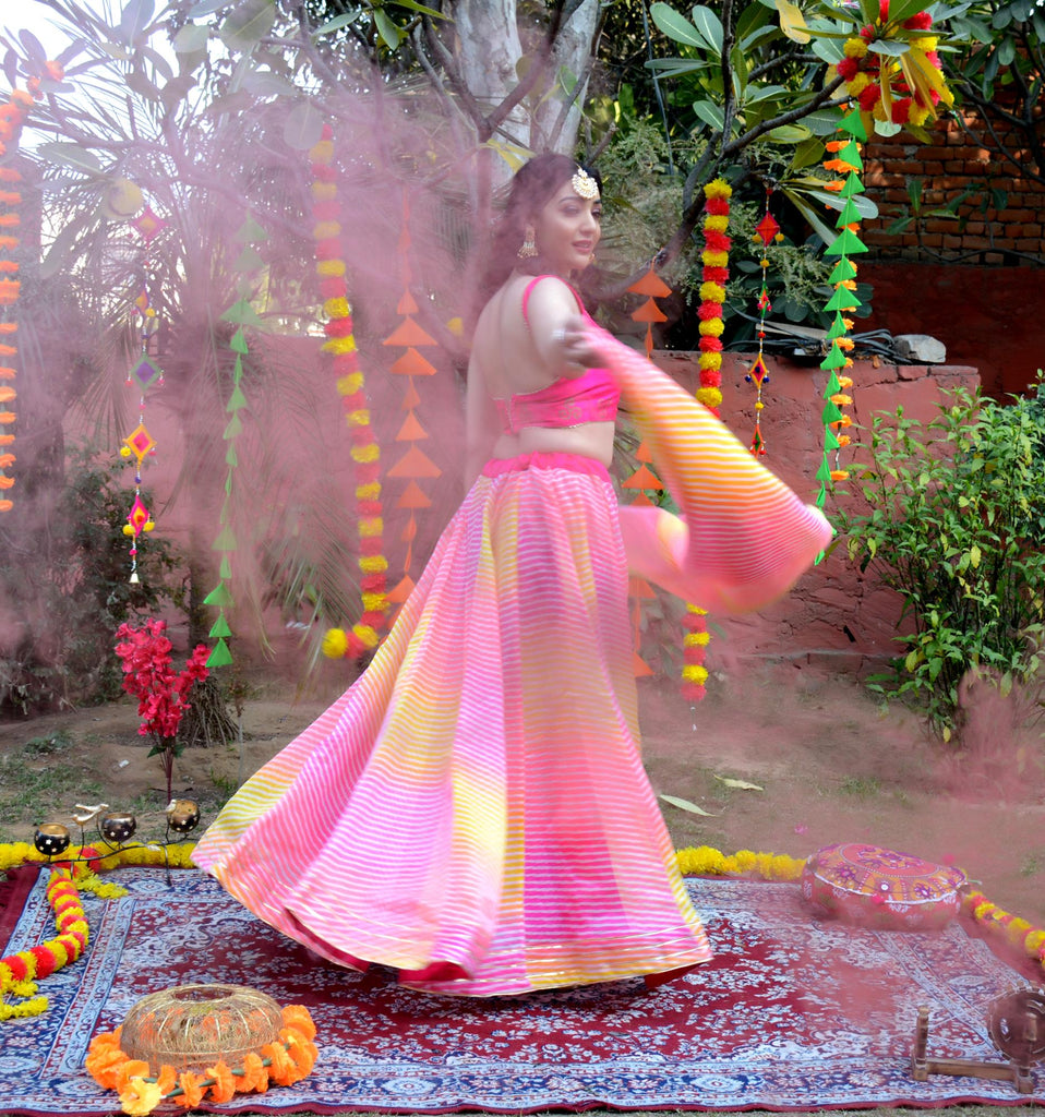 Women's Multicolored Striped Lehenga & Dupatta with Unstitched Blouse